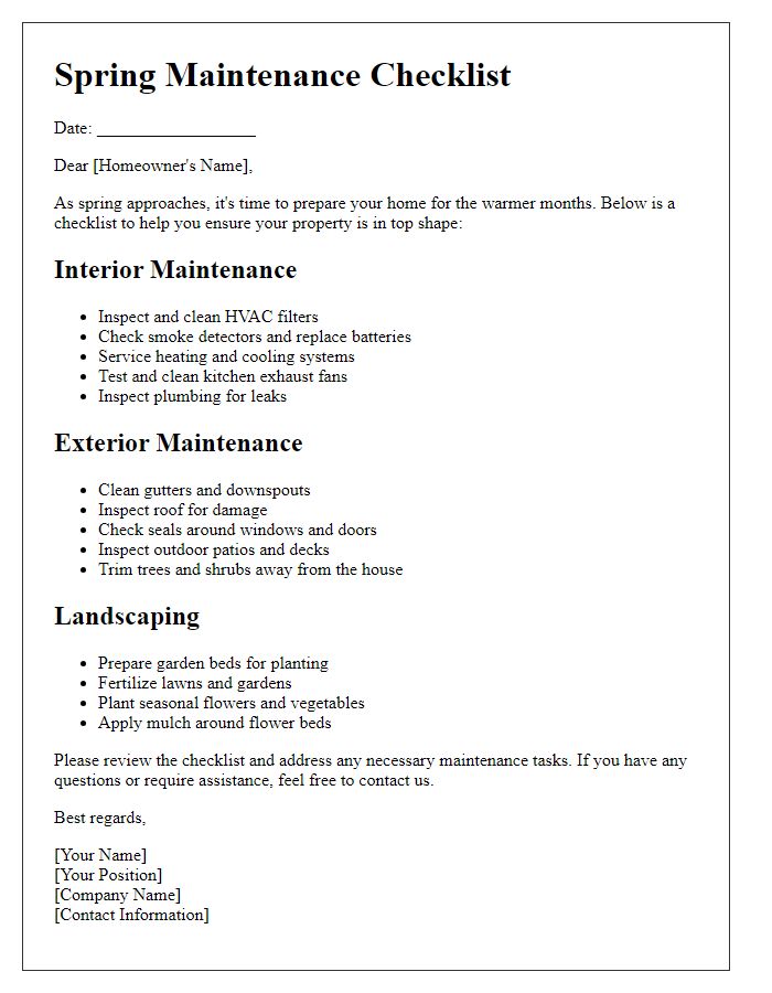 Letter template of spring maintenance checklist for residential properties.