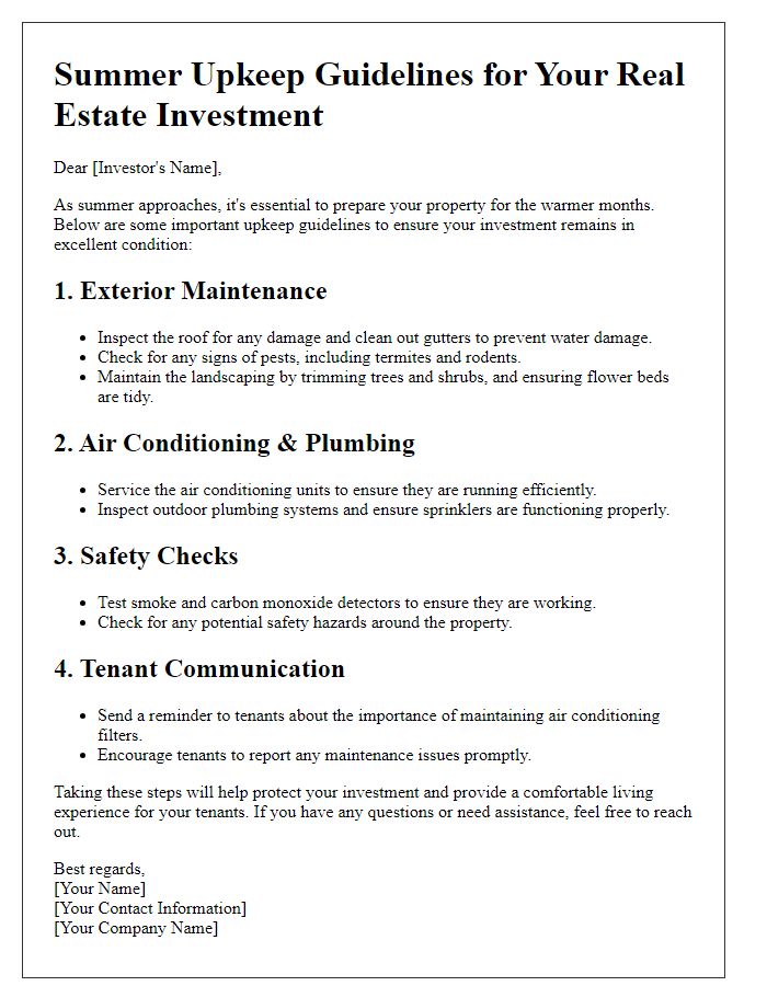 Letter template of summer upkeep guidelines for your real estate investment.