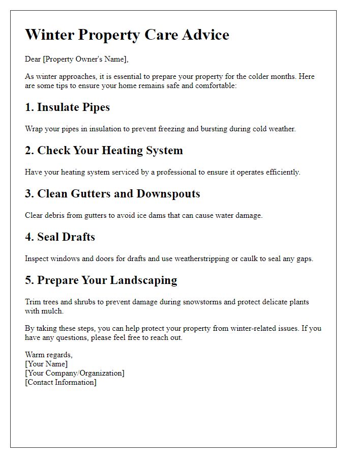 Letter template of winter property care advice for real estate owners.