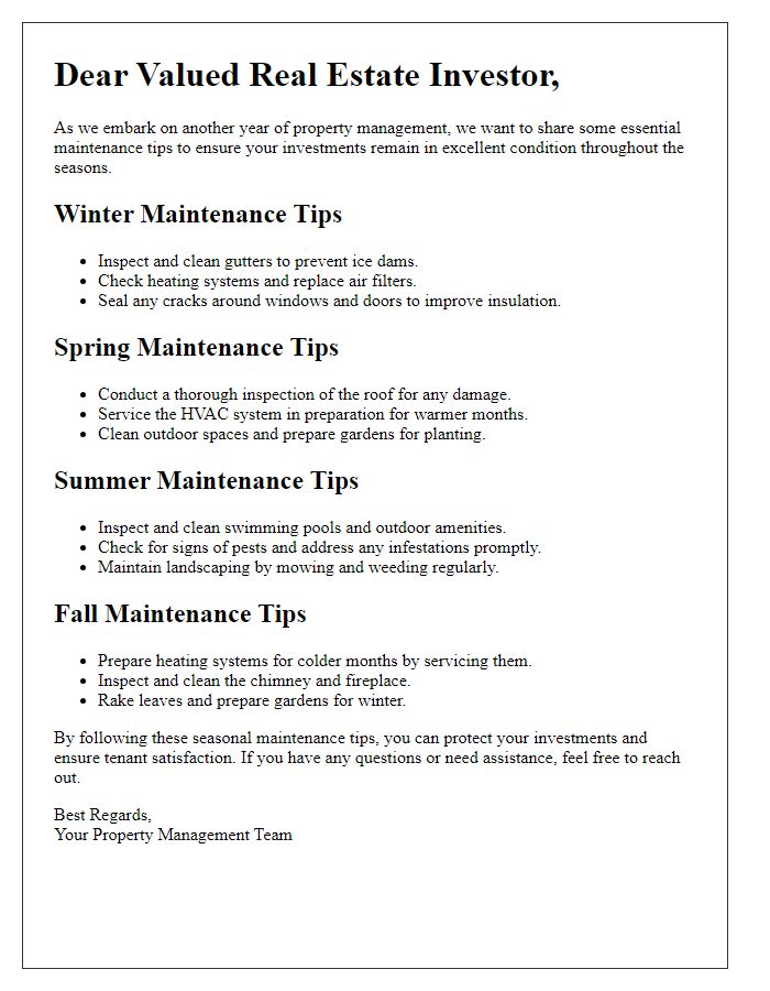 Letter template of year-round property maintenance tips for real estate investors.