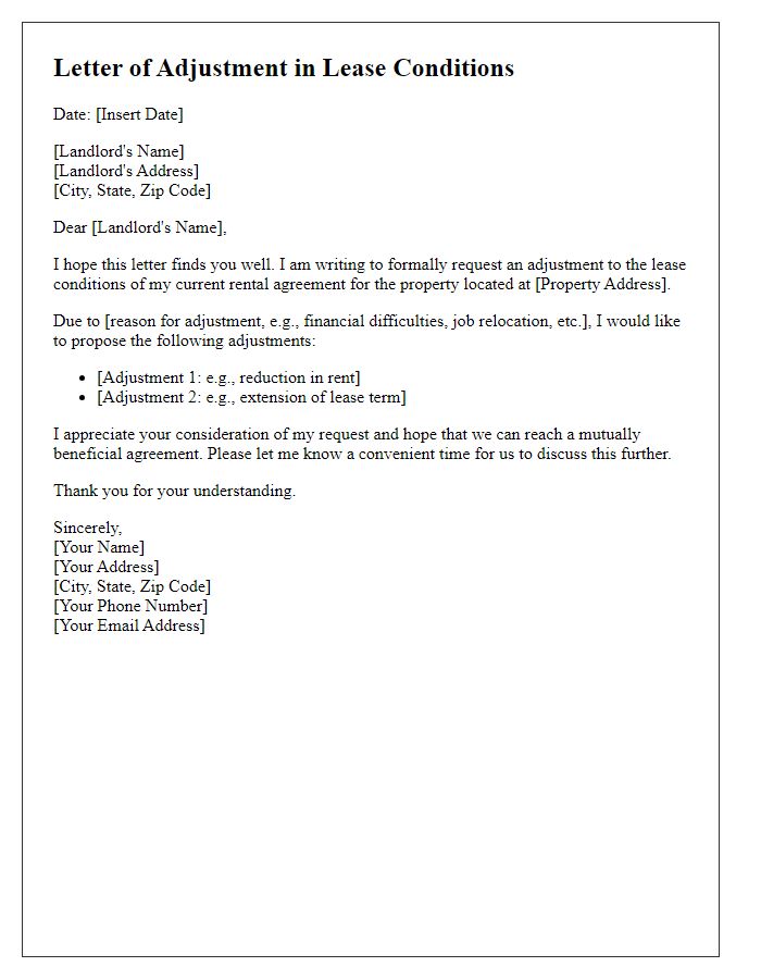 Letter template of adjustment in lease conditions