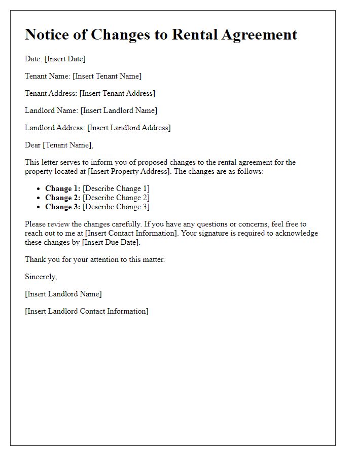 Letter template of changes to rental agreement