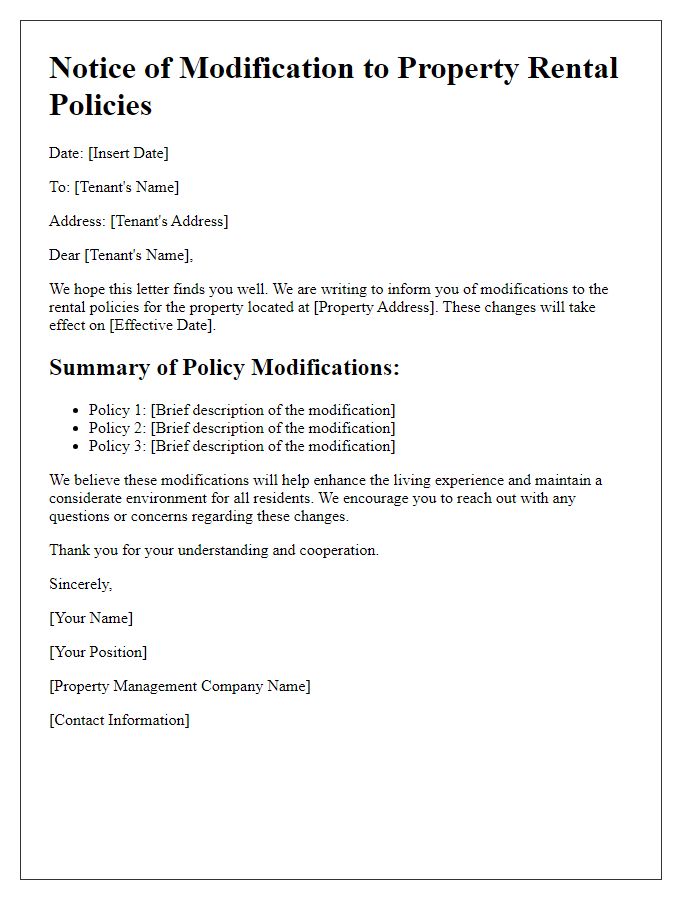 Letter template of modification to property rental policies