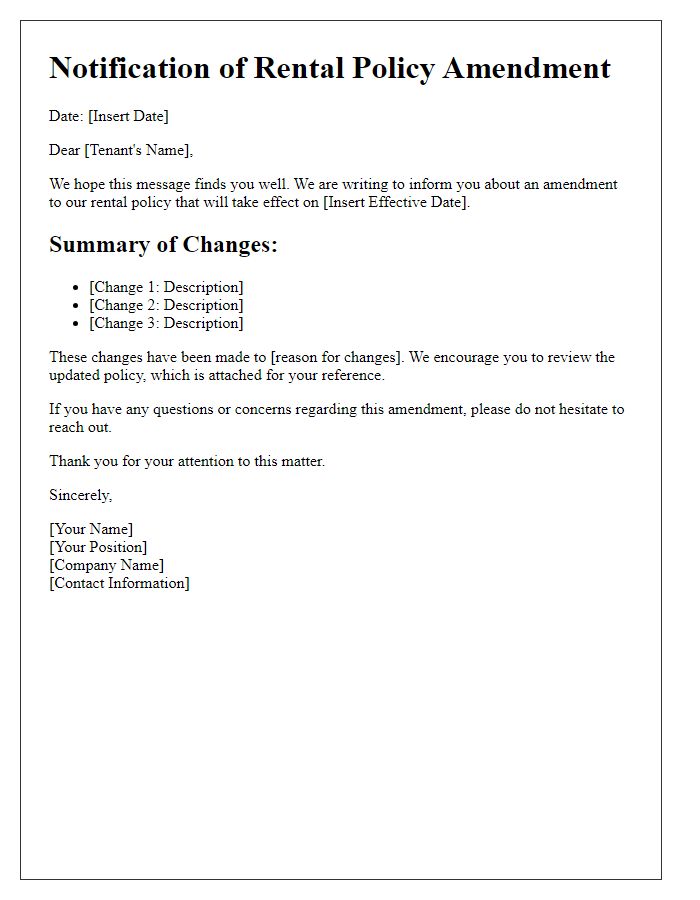 Letter template of rental policy amendment notification