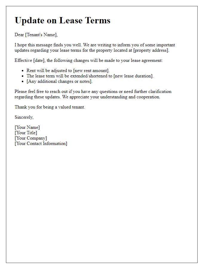 Letter template of update regarding lease terms