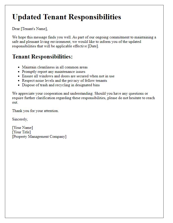 Letter template of updated tenant responsibilities