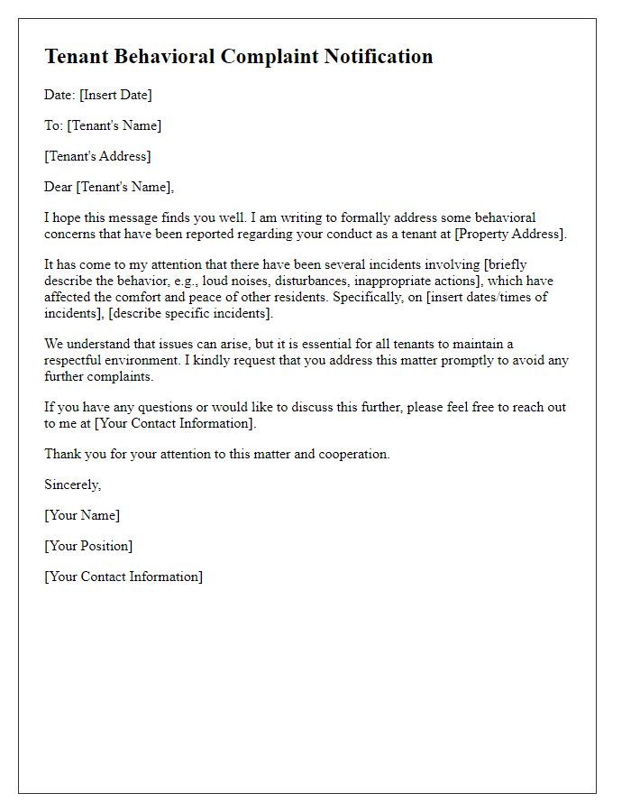 Letter template of tenant behavioral complaint notification