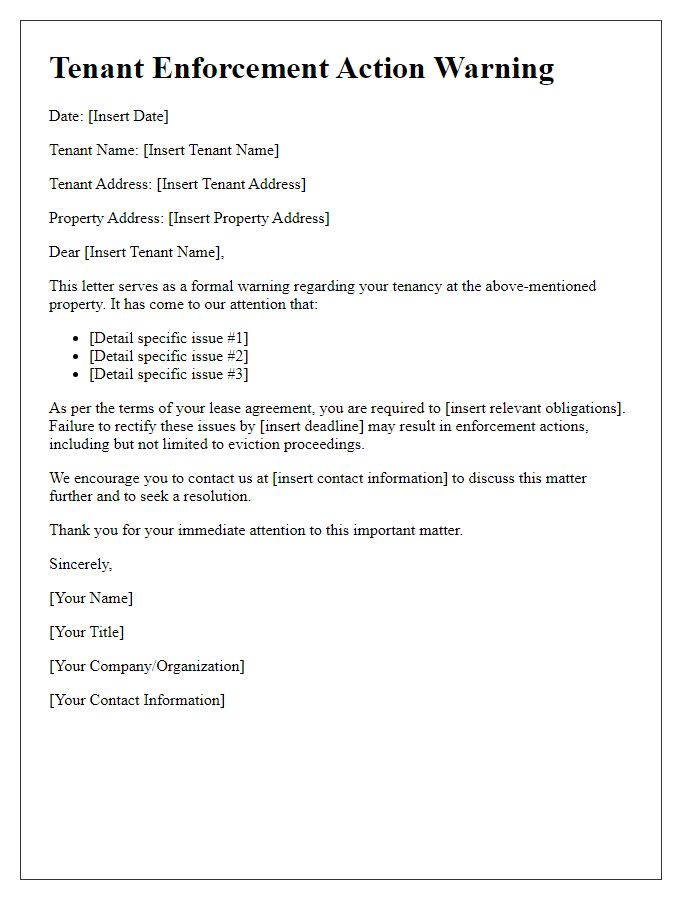 Letter template of tenant enforcement action warning