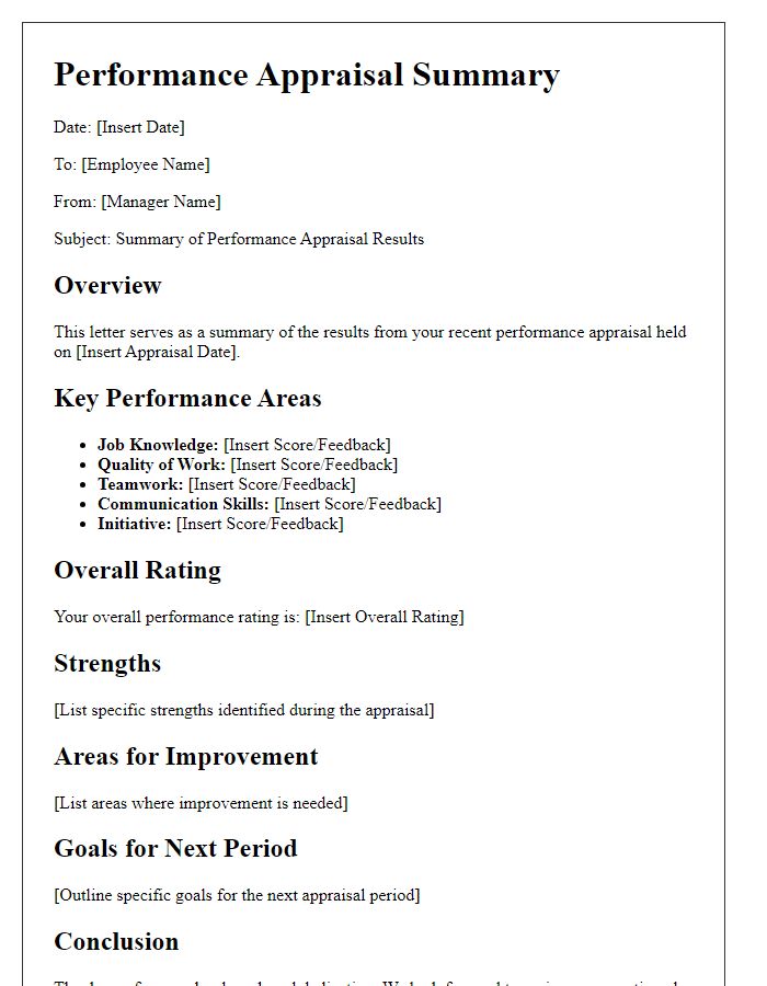 Letter template of summary results from staff performance appraisals