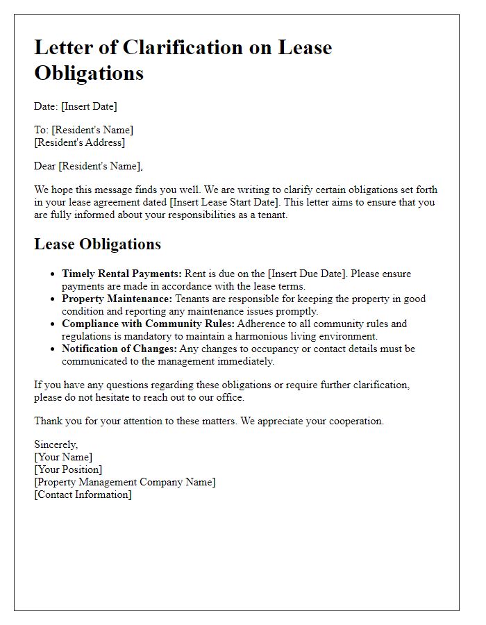 Letter template of clarification on lease obligations for residents.