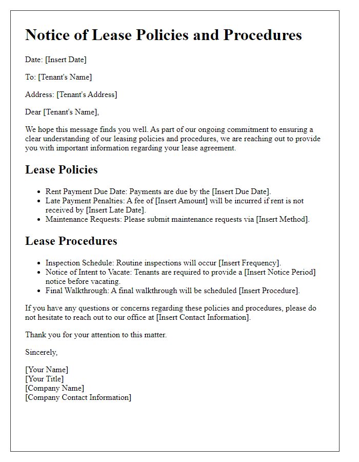 Letter template of communication about lease policies and procedures.