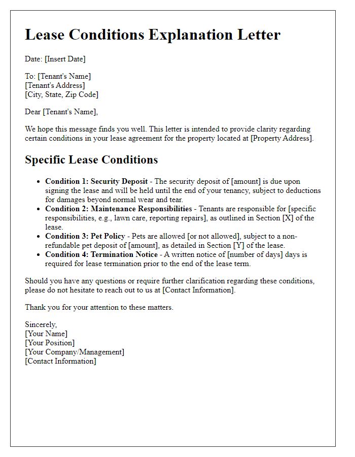 Letter template of explanation of specific lease conditions for renters.