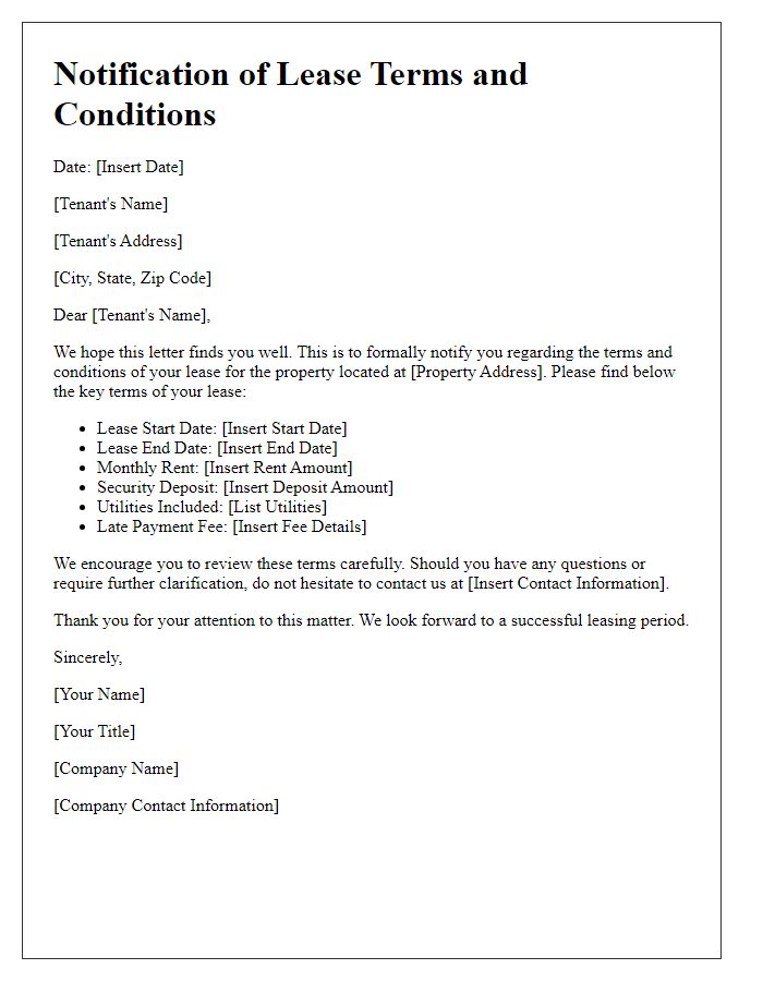 Letter template of notification regarding lease terms and conditions.