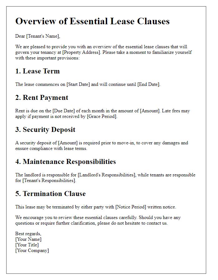 Letter template of overview of essential lease clauses for tenants.