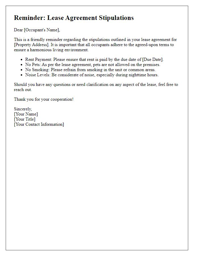 Letter template of reminder about lease agreement stipulations for occupants.