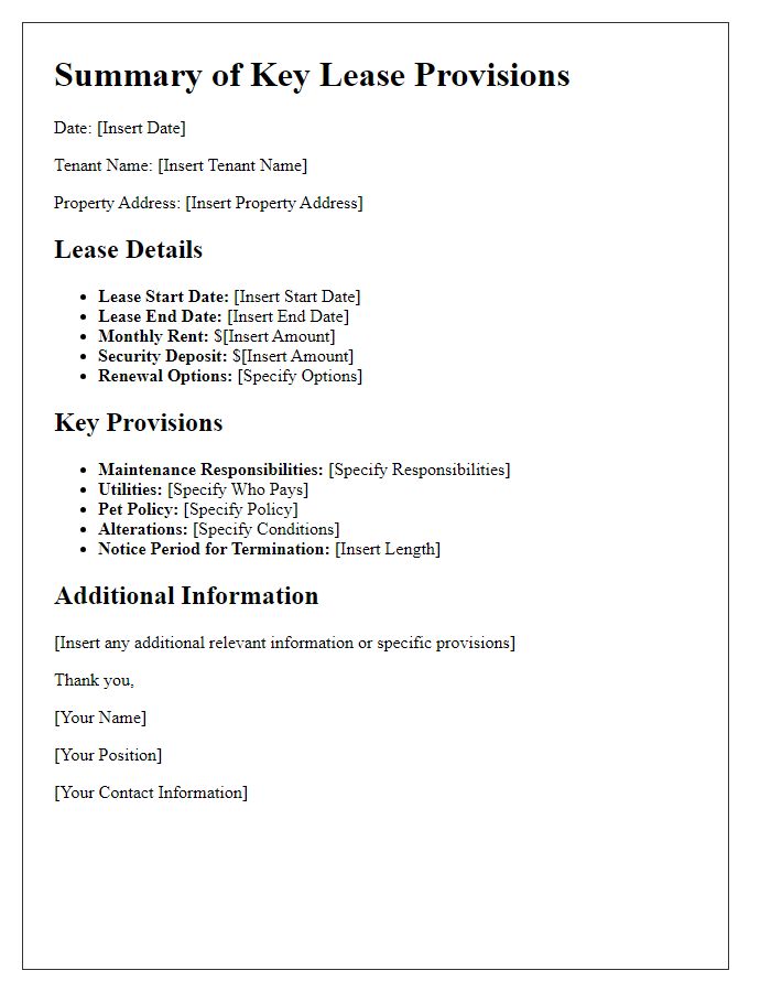 Letter template of summary of key lease provisions for tenants.