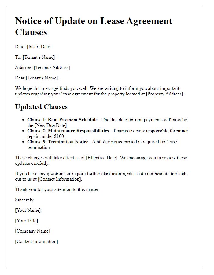 Letter template of update on lease agreement clauses for tenants.