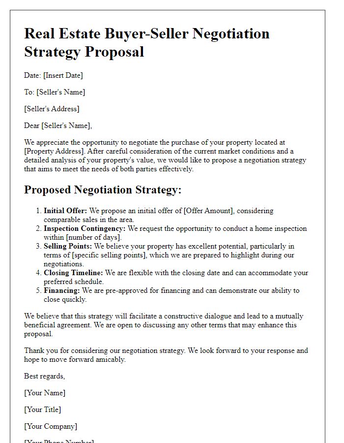 Letter template of real estate buyer-seller negotiation strategy proposal