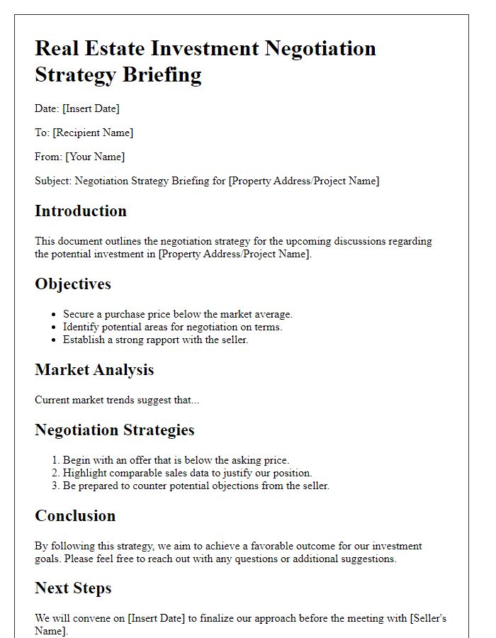 Letter template of real estate investment negotiation strategy briefing