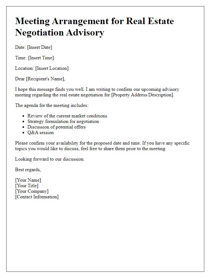 Letter template of real estate negotiation advisory meeting arrangement