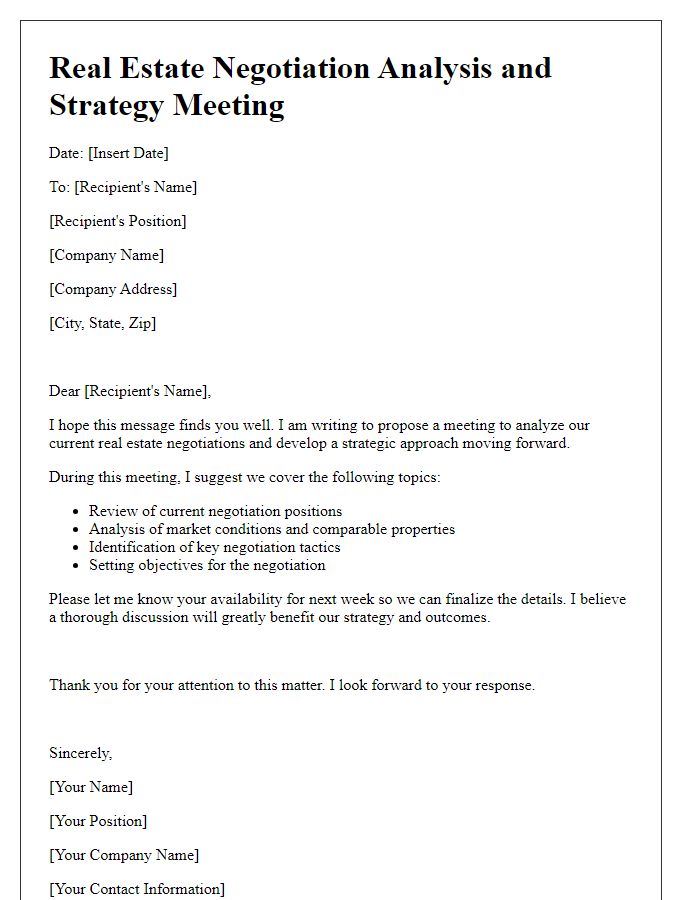 Letter template of real estate negotiation analysis and strategy meeting