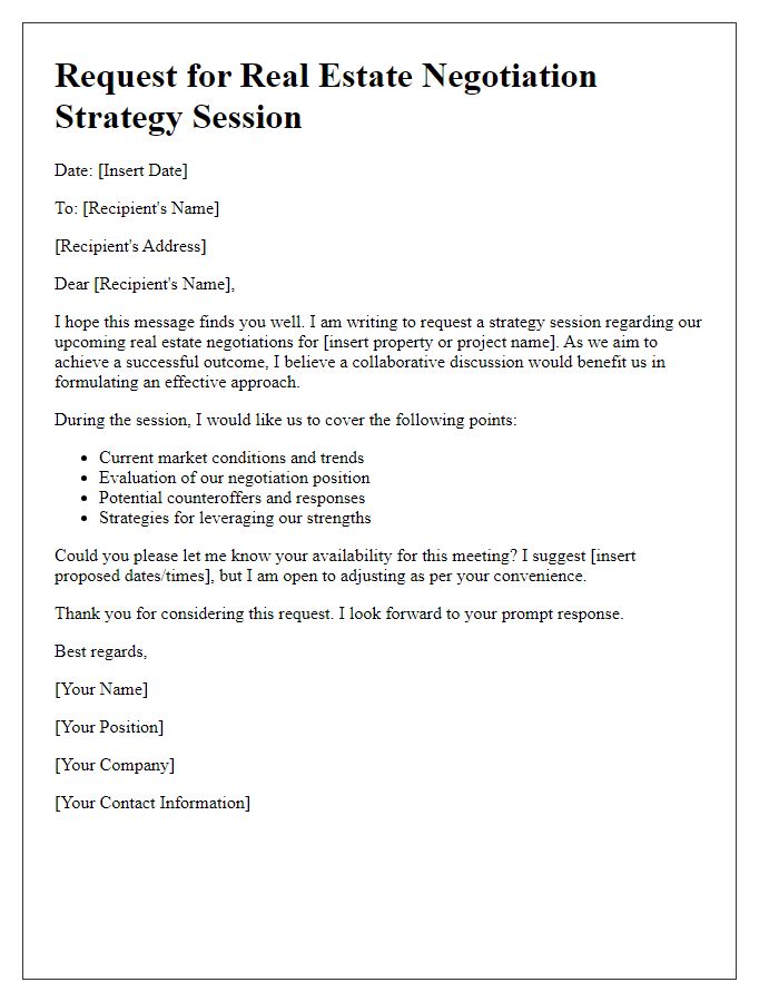 Letter template of real estate negotiation strategy session request