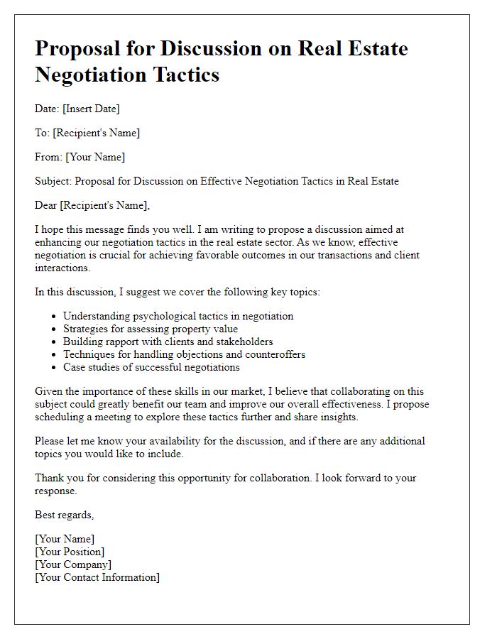 Letter template of real estate negotiation tactics discussion proposal