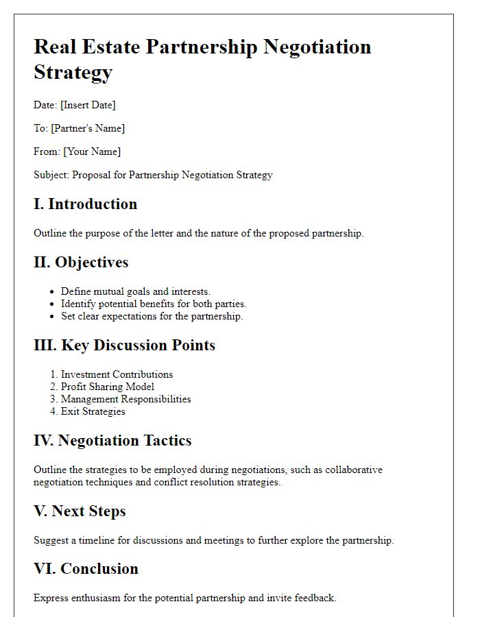 Letter template of real estate partnership negotiation strategy outline