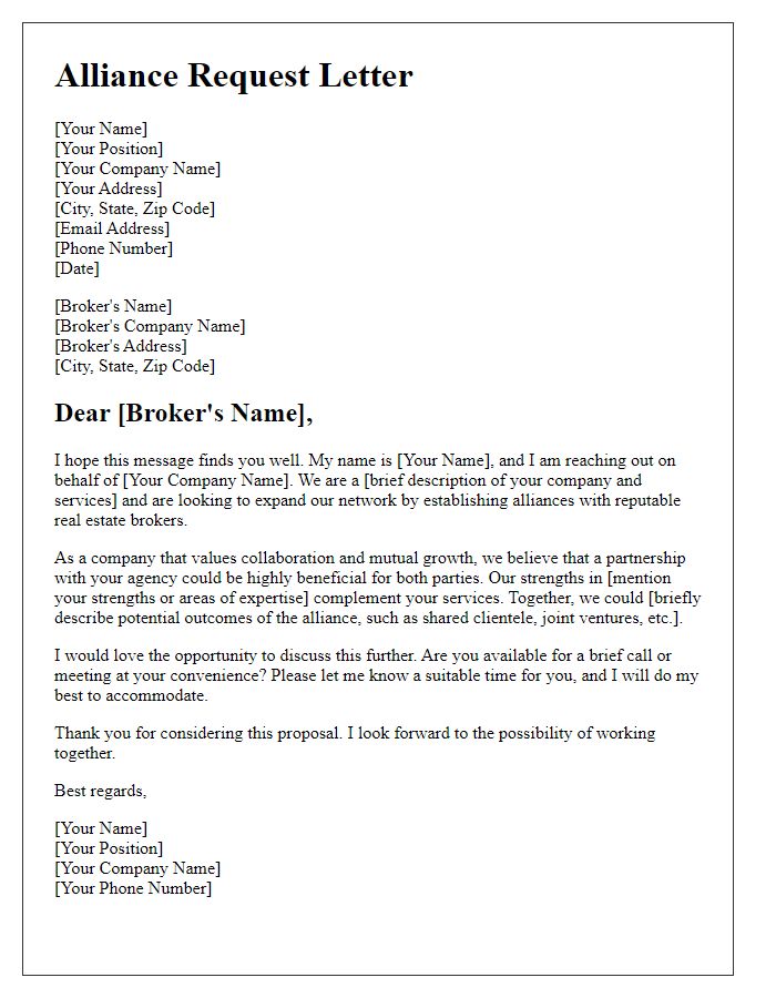 Letter template of alliance request with real estate brokers.