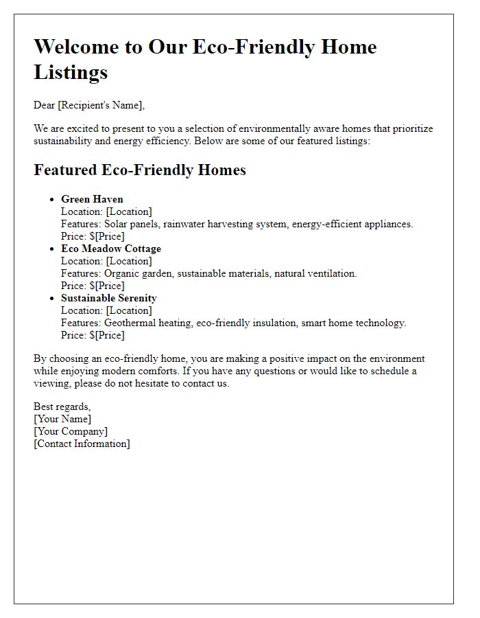 Letter template of environmentally aware home listings.