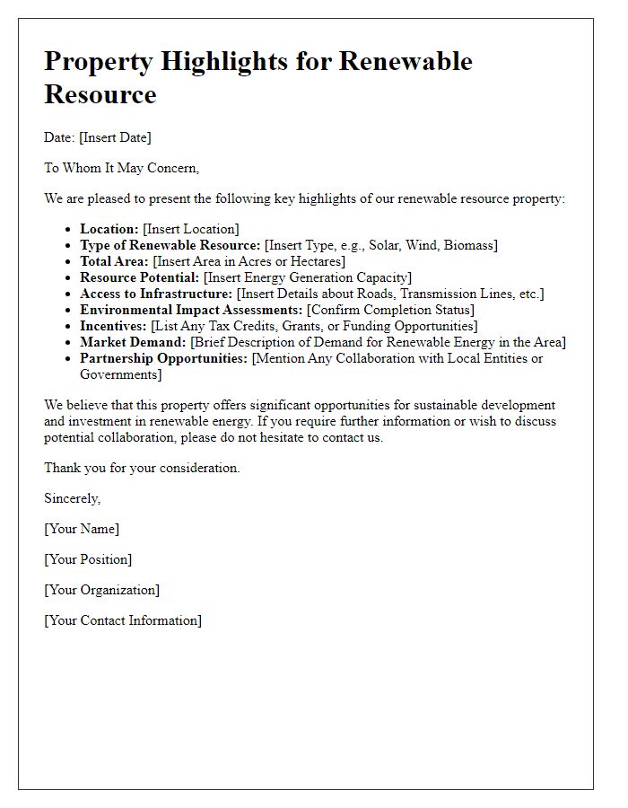 Letter template of renewable resource property highlights.