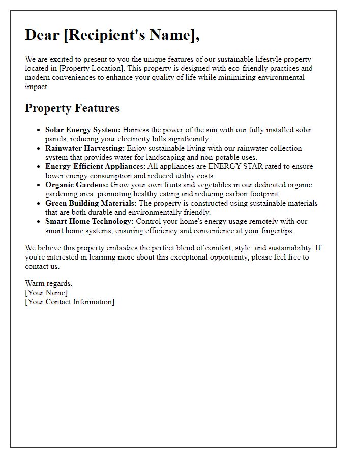 Letter template of sustainable lifestyle property features.