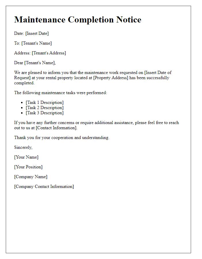 Letter template of completed maintenance for rental properties