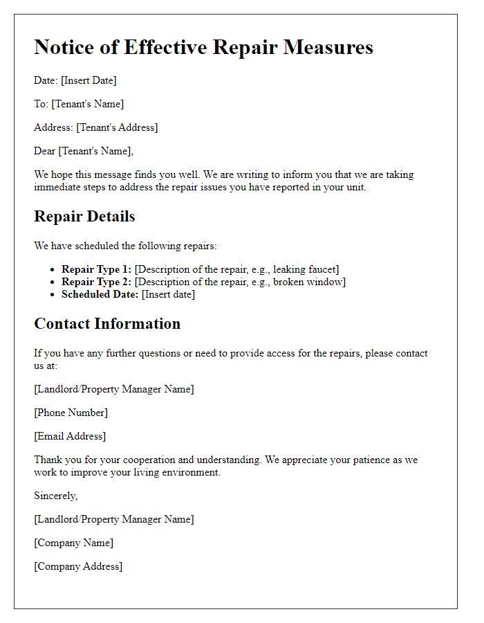 Letter template of effective repair measures for tenants