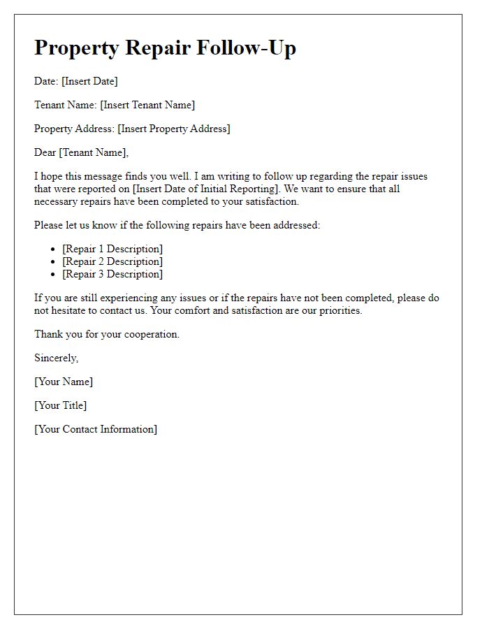 Letter template of property repair follow-up for tenants