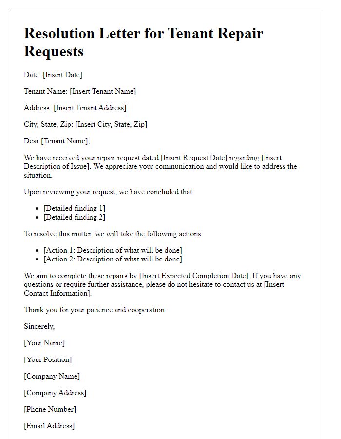 Letter template of resolution for tenant repair requests