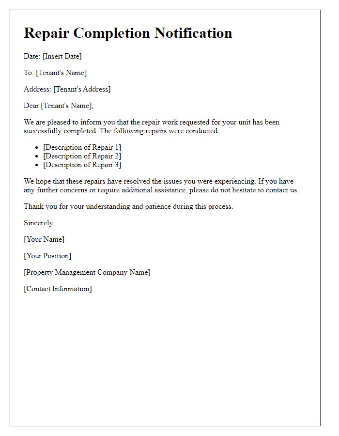 Letter template of successful repair completion for tenants