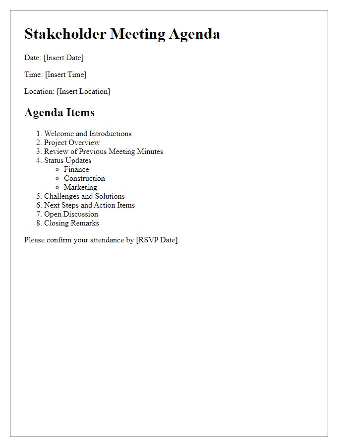 Letter template of agenda for real estate project stakeholder meeting