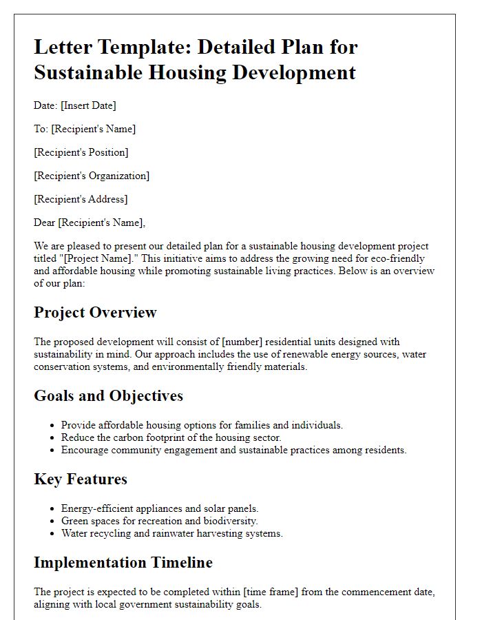 Letter template of detailed plan for sustainable housing development