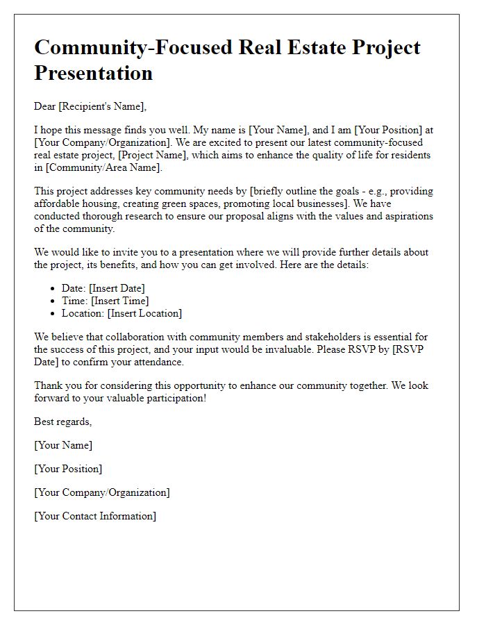 Letter template of presentation for community-focused real estate projects