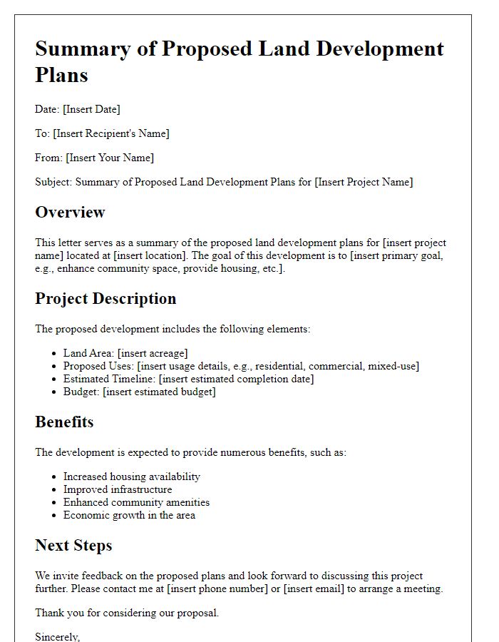 Letter template of summary for proposed land development plans