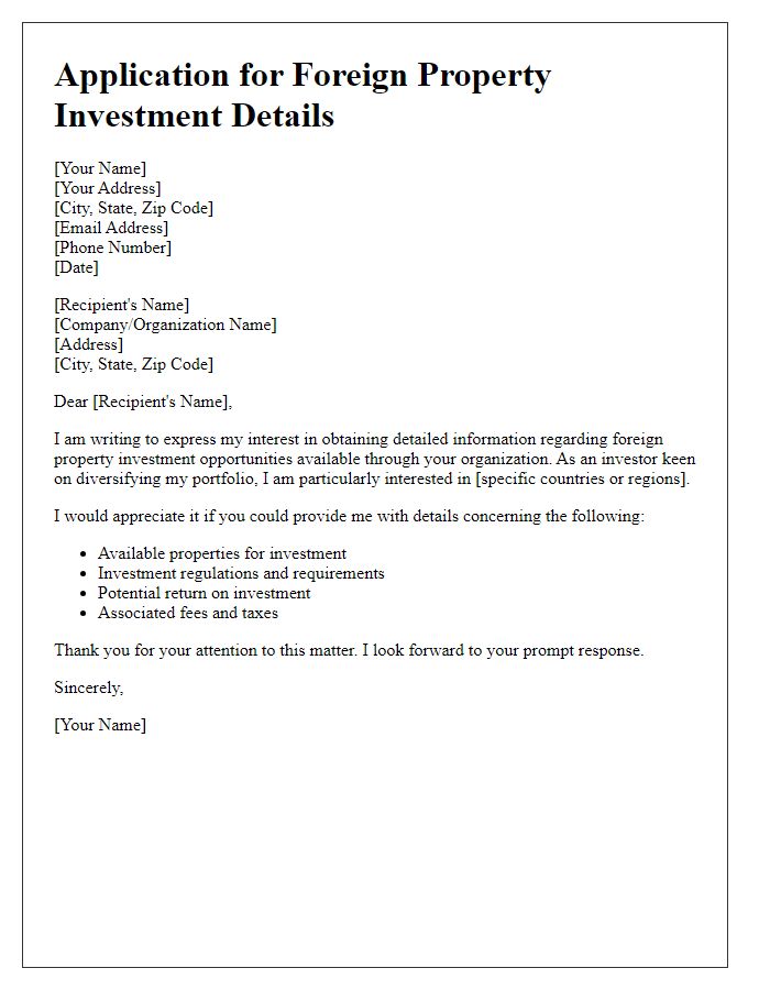 Letter template of application for foreign property investment details