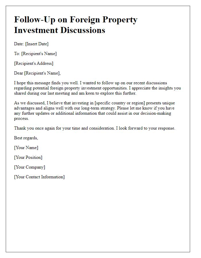 Letter template of follow-up on foreign property investment discussions