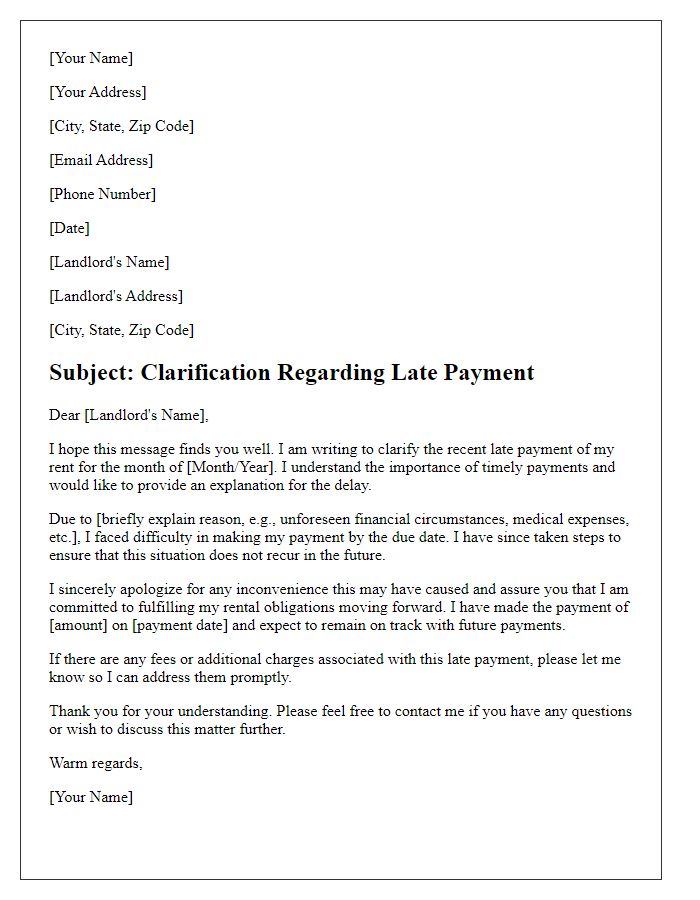 Letter template of late payment clarification for a landlord