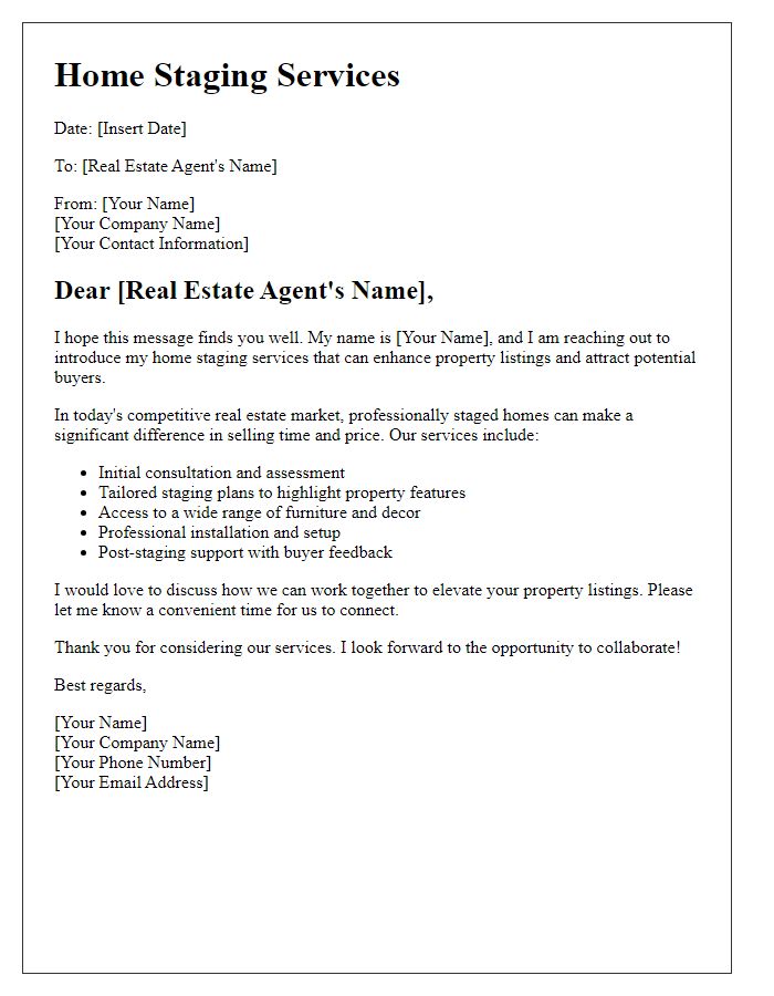 Letter template of home staging services for real estate agents.