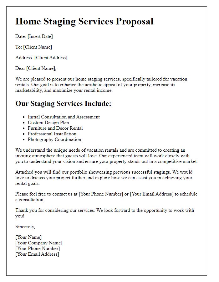 Letter template of home staging services for vacation rentals.