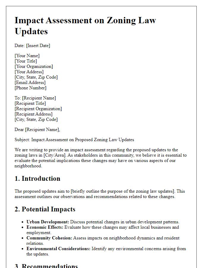 Letter template of impact assessment on zoning law updates