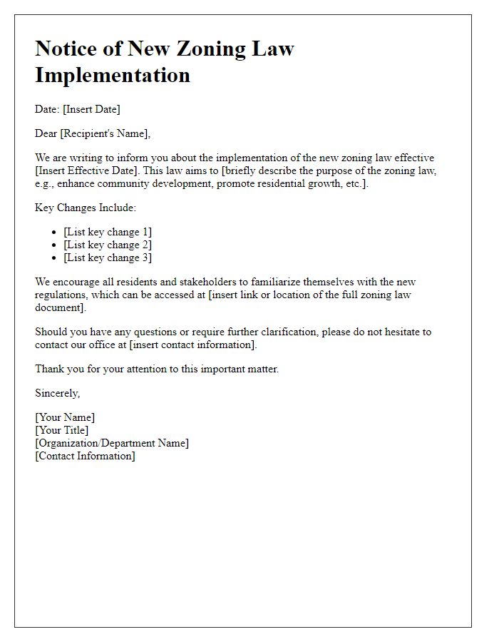 Letter template of new zoning law implementation