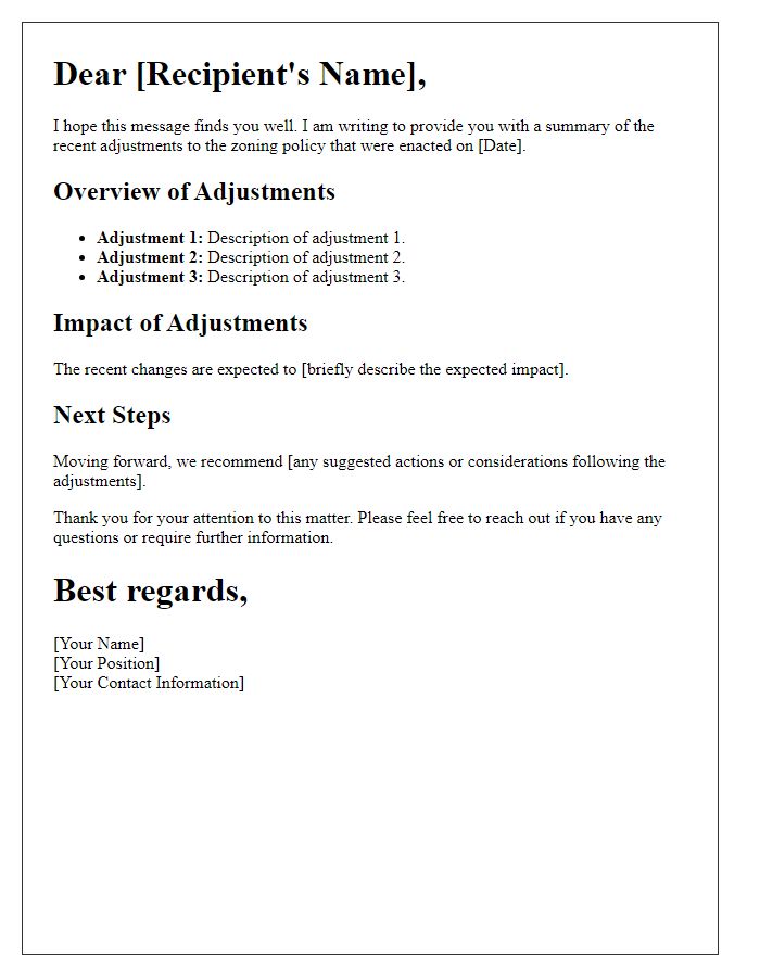 Letter template of summary on recent zoning policy adjustments