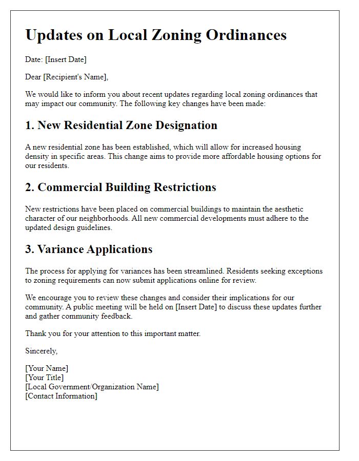 Letter template of updates on local zoning ordinances